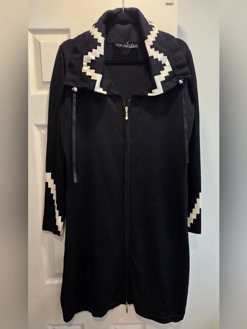 Black Long Zip Cardigan with White Geometric Trim